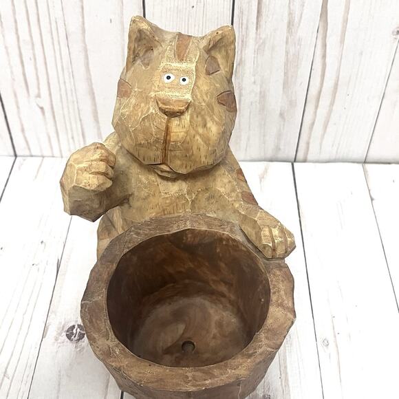 Boho Hand Carved Primitive Wooden Cat Planter or Utensil Holder Rustic Folk Art - Picture 7 of 13